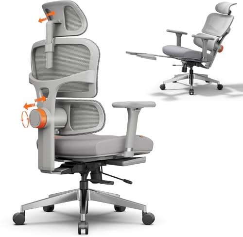 Newtral Ergonomisk kontorsstol Pro med fotstöd – skrivbordsstol med högt ryggstöd med unikt justerbart svankstöd, justering av sittdjupet, liggstol för hemmakontoret, grå