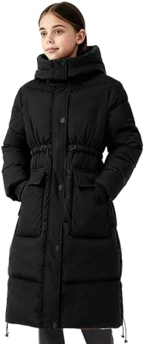 duxyoz Black Girls Puffer Winter Coat Kids Warm Hooded Long Padded Jacket Windproof Lightweight Quilted Jackets Thermal Snow Coats High Collar Overcoat Puffy Dress Coat 13-14 Years