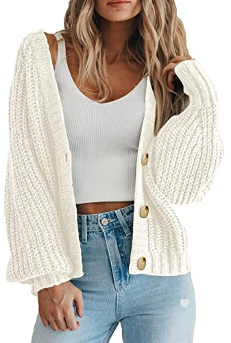 PRETTYGARDEN Women's Chunky Knit Open Front Sweater Long Sleeve Button Loose Short Cardigan Outerwear Coats (White, X-Small)