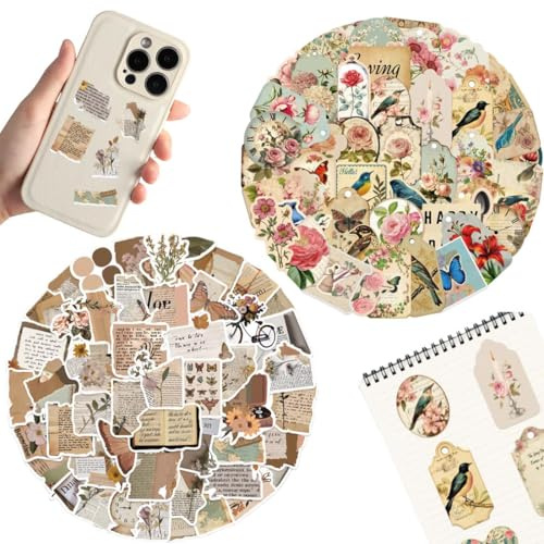 UIEXAY 100 Pegatinas Decorativas PVC Mate, Pegatinas Vintage Artísticas Impermeables para Diario Scrapbooking, Decoración DIY de Teléfono y Cuaderno, Varios Tamaños y Colores