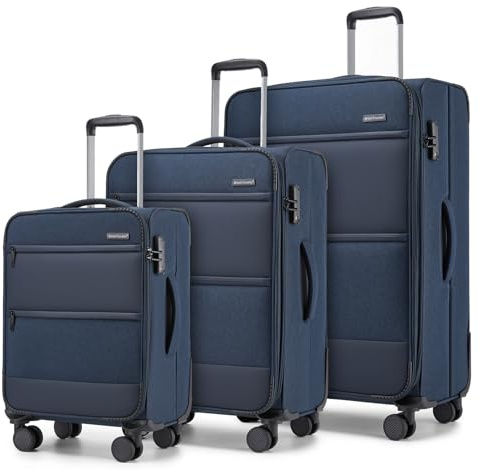 British Traveller 3-teiliges Kofferset Stoffkoffer TSA Schloss Erweiterbar | 41L/68L/100L Volumen, Weichgepäckkoffer mit Erweiterung, leise 360° Rollen, ideal für Reisen und Familienurlaub, Blau