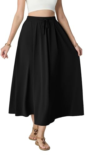 HiMONE Womens Satin Maxi Skirt High Waisted A Line Elegant Long Black