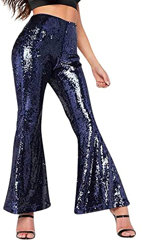 Pailletten Hose Damen Glitzer Hose Lang Pailettenhose Schlaghose mit Pailletten Hight Taille Discotanz Lang Hosen Party Strassenmode Weites Bein Elastisch Elegant Outdoorhose (Blue, M)