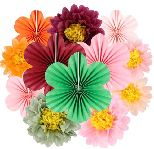 BestoFun 12er Set Papier Blumenfächer & Papierblumen Pompons Rot und Grün Hängende Girlande Dekoration für Hochzeit Geburtstagsfeier Gartenparty Tischdeko
