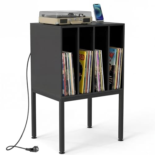 COSTWAY Mobile Porta Giradischi, Supporto per Vinili in Legno con Stazione di Ricaricae, 4 Scomparti, Gambe Rialzate in Metallo, Scaffale per Dischi per Soggiorno e Sala Musicale, 50 x 40 x 81 cm