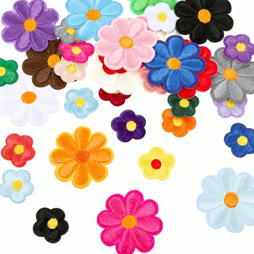 74 Stück Bügelbilder Für Textilien,Blumen Aufnäher,Flicken Aufbügel Patches | Zum Aufbügeln, Blume Gänseblümchen Aufnäher, Bunt Stickereien, Bügel Applikationen, Für Kleidung, Hut Jeans, DIY Rucksäcke