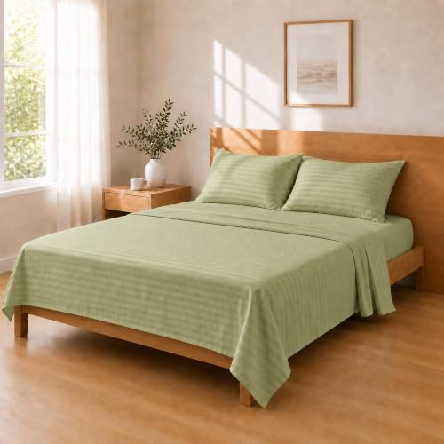Juego de sábanas microfibra 240x250 / 180x200+25 / 50x80x2, Verde salvia | Juego completo de microfibra: encimera, bajera con goma de 25 cm y funda a juego, en doce tonos con raya tono sobre tono.