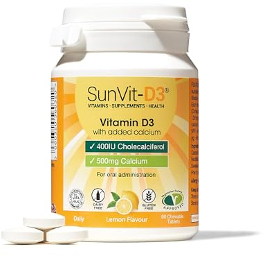 SunVit-D3 Vitamin D3 400IU with Added 500mg Calcium Lemon Tablets - Support The Maintenance of Bone, Teeth, Muscle & Immune System - 60 Lemon Chewable Tablets