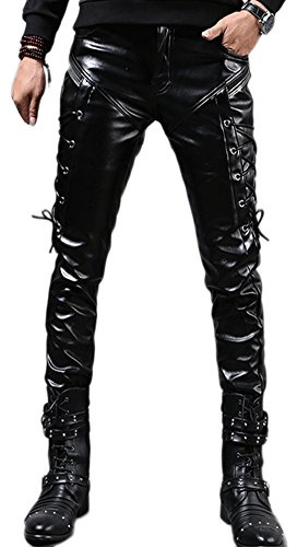 Idopy Men`s Rock Steampunk Lace Up PU Leather Pants Slim Fit (34, Black)