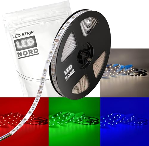 LED Nord LED Strip 5m RGB warmweiß 24v dimmbar selbstklebend - Profi LED Streifen dimmbar RGBWW 16 Mio. Farben - LED Band indirekte Beleuchtung 60 LEDs pro Meter - RGB LED Strip warmweiss