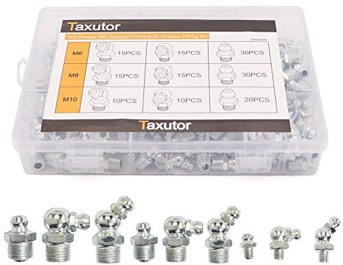 Taxutor 160-teiliges metrisches hydraulisches Zerk-Fettarmaturen-Sortiment-Set – M6 M8 M10 gerade, 45 Grad, 90 Grad abgewinkelte Schmiernippel