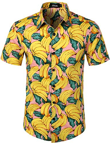 JOGAL - Camicia hawaiana da uomo, a maniche corte, con bottoni, in cotone, con motivo floreale