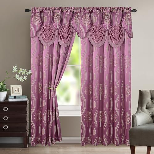 Elegant Comfort Aurora Jacquard Look Curtain Panel Set with Attached Valance 54 X 84 inch (Set of 2), Lilac