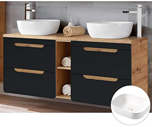 Lomadox Badmöbel Waschtisch Set in seidenmatt anthrazit & Wotan Eiche Nb., 2 Keramik-Aufsatzwaschbecken, 140 cm Waschtischunterschrank 4 Softclose-Schubkästen, Regal mit 2 Fächern