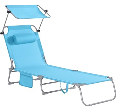 SoBuy Sonnenliege klappbar Gartenliege Liegestuhl klappbar mit Sonnendach & Kopfkissen & Seitentasche Strandliege Balkon Relaxliege 155x56x81cm für Gartenmöbel Terrasse Camping Himmelblau OGS48-B
