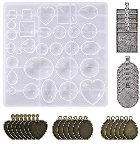 MengH-SHOP Resina Molde de Silicona Herramienta de Joyería de Silicona Moldes y Herramientas de Fundición de Resina y Soportes Colgante para Colgante Pulsera DIY 31 Piezas