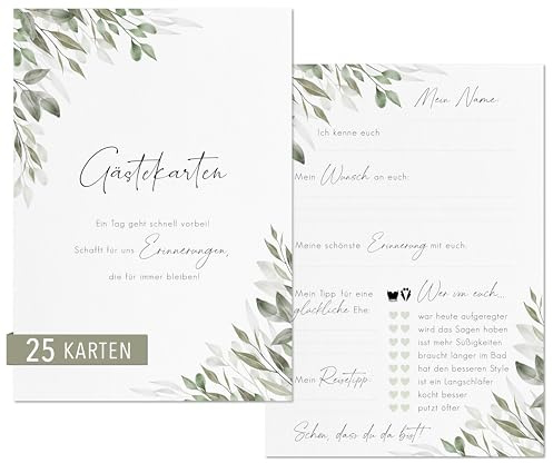 luftundliebe 25 Gästekarten Hochzeit - Gästekarten Feier zum ausfüllen - Gästebuchkarten für Fest - Gästebuchseiten - Hochzeitsspiel - Eukalyptus