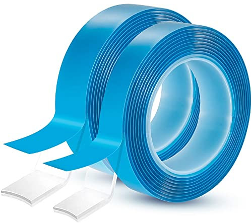 2Rolls Ruban adhésif double face pour les murs, ruban adhésif nano sans traces, ruban adhésif bleu lavable, lavable, lavable amovible, ruban de montage pour articles de pâte, 10 pieds