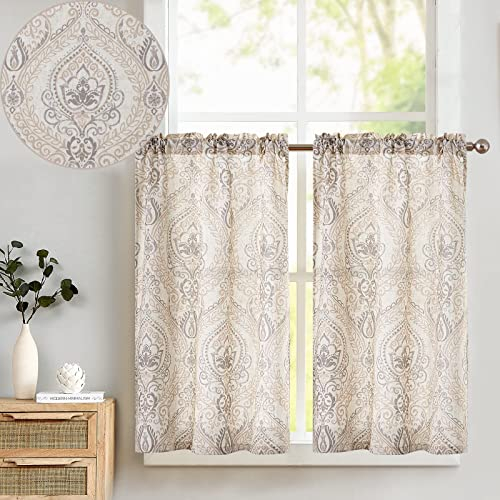 TOPICK Scheibengardine Leinen Vorhang Vintage Bistrogardine Landhaustil Blumen Bedruckt Gardine Geblümt Scheibengardinen Blickdicht für Küche Wohnzimmer Landhaus 2er-Set Braun auf Beige 65B x 60H(cm)