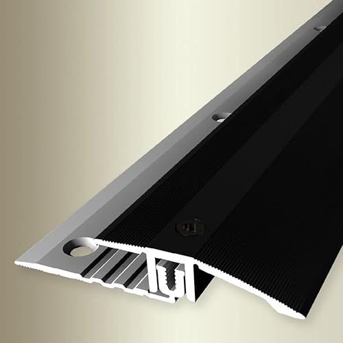 PROVISTON | Übergangsprofil | Breite: 44 mm | Höhe: 6.5-16 mm | Länge: 2700 mm | Aluminium eloxiert | Anpassungsprofil | Gerillt | Schwarz | Versenkt Gebohrt