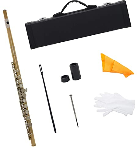 Flöte 16-Loch-C-Key-Flöte Mit Koffer, Rucksack, Reinigungsstab, Wischhandschuhe, Flötenzubehörteile (Color : Gold Silver)