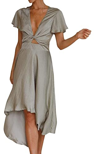 AMDOLE Robe longueur au sol pour femme - Robe tendance douce - Imprimé couleur unie - Robe de fête à paillettes - Col en V profond - Manches courtes - Élégante - Robe fine pour femme avec fente, Vert,