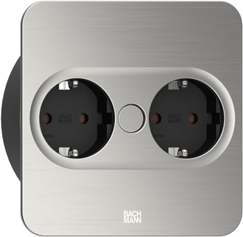 BACHMANN Einbausteckdose Twist 2 eckig 2-Fach, 2m Kabel, Tischsteckdose für Küche und Büro, Edelstahl-Optik, 946.001 (mit automatische Öffnung, Anti-Fingerprint Beschichtung und abnehmbarem Cover)