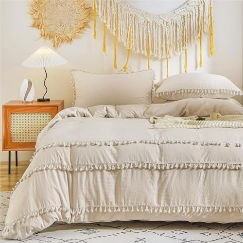 Freyamy Böhmen Bettwäsche 200x220cm 3teilig Beige Quaste Fransen Boho Chic Bettwäsche Gewaschene Microfaser Bettwaren-Sets Bohemian Mädchen Bettbezug mit Reißverschluss und 2 Kissenbezug 80x80cm