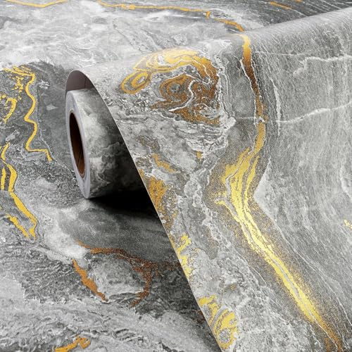 FunStick 40CMx6M Papier Peint Adhesif Marbre Papiers Peints Gris Doré Revêtement Plan de Travail Adhésif Cuisine Salle da Bain Marbre Gris Rouleau Papier Adhesif Mural Decoratif Autocollant Salon