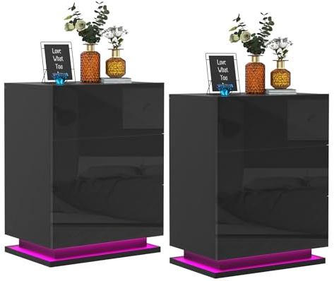 PIPIPOXER 2er Set Nachttisch mit LED Beleuchtung,Beistelltisch mit großen Stauraum,Nachttische aus Holz mit 3 Schubladen Nachtschrank für Wohnzimmer,Schlafzimmer,Bett schwarz 50x35x68cm
