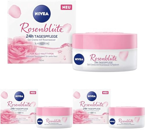 NIVEA Rosenblüte 24h Tagespflege (50 ml), Gesichtspflege mit Rosenwasser und Hyaluron, leichte Gel-Creme für geschmeidig zarte Haut (Packung mit 3)