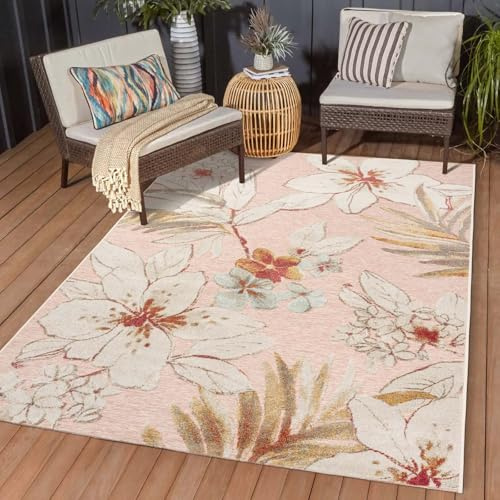 Taracarpet In & Outdoor Teppich Wetterfest Wohnzimmer Balkon Küchenteppich Terrassenteppich Flachgewebe mit Muster Lilien floral Rose rosa 240x340 cm