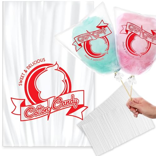 300 bolsas de algodón de azúcar con lazos, 47 x 29 cm de grosor, suministros para máquinas de algodón de azúcar de azúcar a granel, soporte grande para bolsas de caramelos, soporte de concesión,