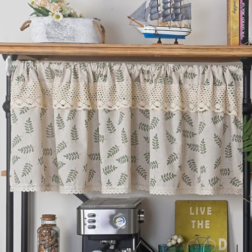 KnSam Kurzvorhang Küche, Blätter mit Spitze Bistrogardine Halbtransparent, 1Pcs Rod Pocket Polyester Baumwolle Gardinen Voile für Zimmer, BxH 150x60cm