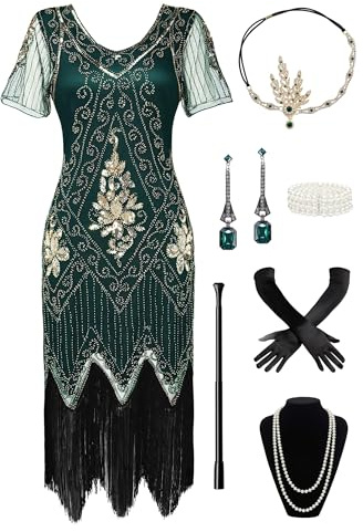 BABEYOND 1920s Damen Flapper Kleid mit kurzen Ärmeln Gatsby Motto Party Damen Kostüm Kleid Set, Dunkelgrün, 50