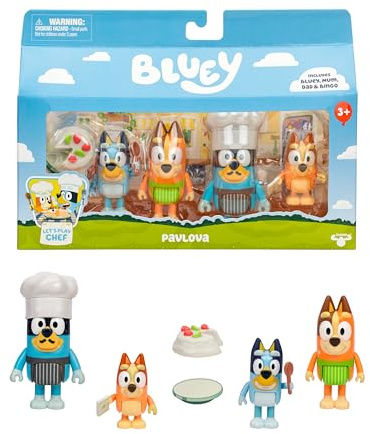 BlueY Enfile Ton Tablier avec Le Coffret de 4 Figurines Le Pavlova » Contenant, Bingo, Bandit et sa Toque de Chef, Chilli et 2 Accessoires, 4 Figurines articulées de 6 à 7,6 cm