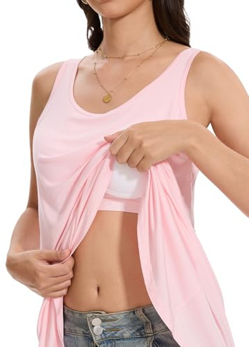 Knuffnee Tank Top for Women with Built Bra Flowy Loose Fit Vest Pleated Cami S-XXXXL