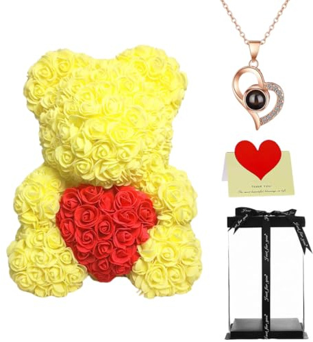 Large Rose Bear with Heart Motif and Gift Box, 16 Inch Artificial Flower Teddy Bear, Romantic Gift for Her (Yellow)