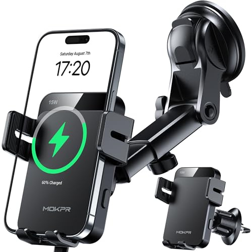 MOKPR 15W Support Telephone Voiture Induction, [Serrage Automatique] Rapide Chargeur Induction Voiture, Grille d'aération Tableau de Bord Pare-Brise pour iPhone 16/15/14/13/12&Samsung S24 S23 S22