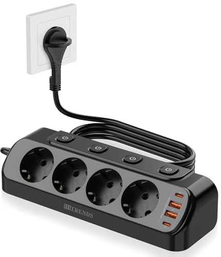 Bordsuttag med USB, 8-i-1 grenuttag platt kontakt med 2M kabel för smartphones, 4-vägs omkopplingsbar, 2 USB-C, 2 USB-A, grenuttag skrivbord individuellt omkopplingsbar, svart