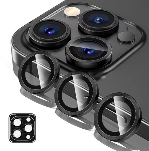 Lot de 3 Protecteurs Objectif Caméra pour iPhone 15 Pro/15 Pro Max/14 Pro/14 Pro Max, Protege Objectif Verre Trempé 9H Résistant aux Rayures, Protege Appareil Photo de Lentille Haute Résolution, Noir