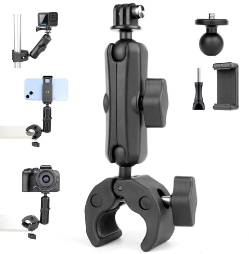 YALLSAME Super Clamp Camera Mount with 360° Ballhead Magic Arm for GoPro | Aluminum Bike Motorcycle Handlebar Holder Mount for Insta360 DJI DSLR Smartphone, Phone Holder & 1/4-20 Ball Head Adapter