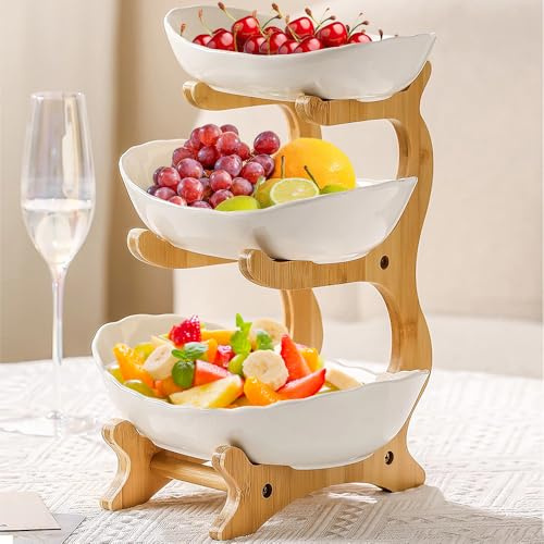 OHMG Corbeille a Fruit,2 Etages Panier a Fruit de Cuisine avec Couvercle en Bois Panier a Fruits Empilable Montable au Mur,Rangement Fruits Légumes (3 Niveaux-Plastique+Bambou, 14 * 22.5 * 32cm)