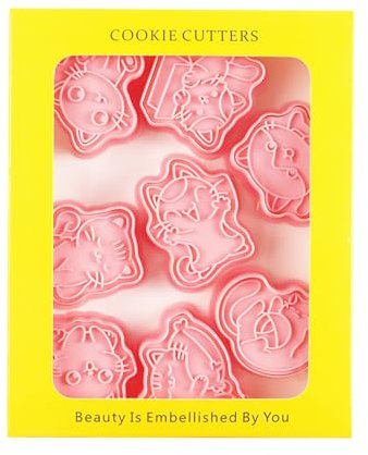 hiwhale 8 cortadores de Galletas con Forma de Gato de Dibujos Animados, moldes de plástico 3D para Galletas de Animales, Sellos Decorativos para repostería, Sellos para Galletas de Animales.