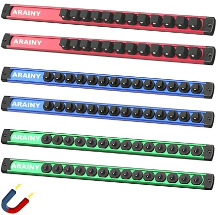 Magnetic Socket Holder Organizer 6-Piece Set, Aluminum Alloy Socket Rail for Tool Box Drawer, 360° Swivel 1/2, 3/8, 1/4-Inch Socket Trays Socket Organizer Holds 80-Piece Standard Size Sockets