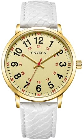 CNYXCN Nurse Watch for Medical Students,Doctors,Women Men with Second Hand and 24 Hour,Easy to Read Dial,Leather Straps,Water Resistant (White-Gold)