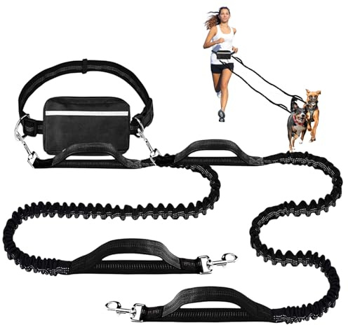 Joggingleine Für 2 Hunde Mit Bauchgurt, Bauchgurt Hundeleine, Freihändig Laufleine für Hunde, Doppelleine Freihändige eleine Mit Reißverschlusstasche 113-172CM Maximale Zugkraft 150 Pfund