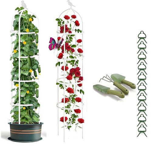 Obélisque de Jardin Acier Tuteur Treillis Plante Grimpante, Support Tour Métal Colonne Rosiers pour Intérieur Extérieur Terrasse D 25 28 32 36 40cm, Offre Une Pelle Pinces À Plantes(White,D25xH145CM)