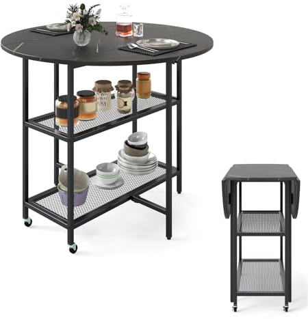 LIFEZEAL Tavolo da pranzo rotondo, 100 cm, tavolo da cucina moderno con piano pieghevole, struttura in marmo, struttura in metallo, mobile allungabile pieghevole per interni con 2 ruote (nero)