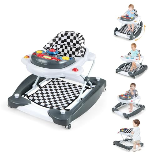 COSTWAY 6 in 1 Lauflernhilfe, Lauflernwagen mit abnehmbarem Spielboard & Fußpolster, Baby Walker höhenverstellbar & klappbar, Laufwagen mit Musik & Licht, Gehfrei baby ab 6 Monaten (Grau)